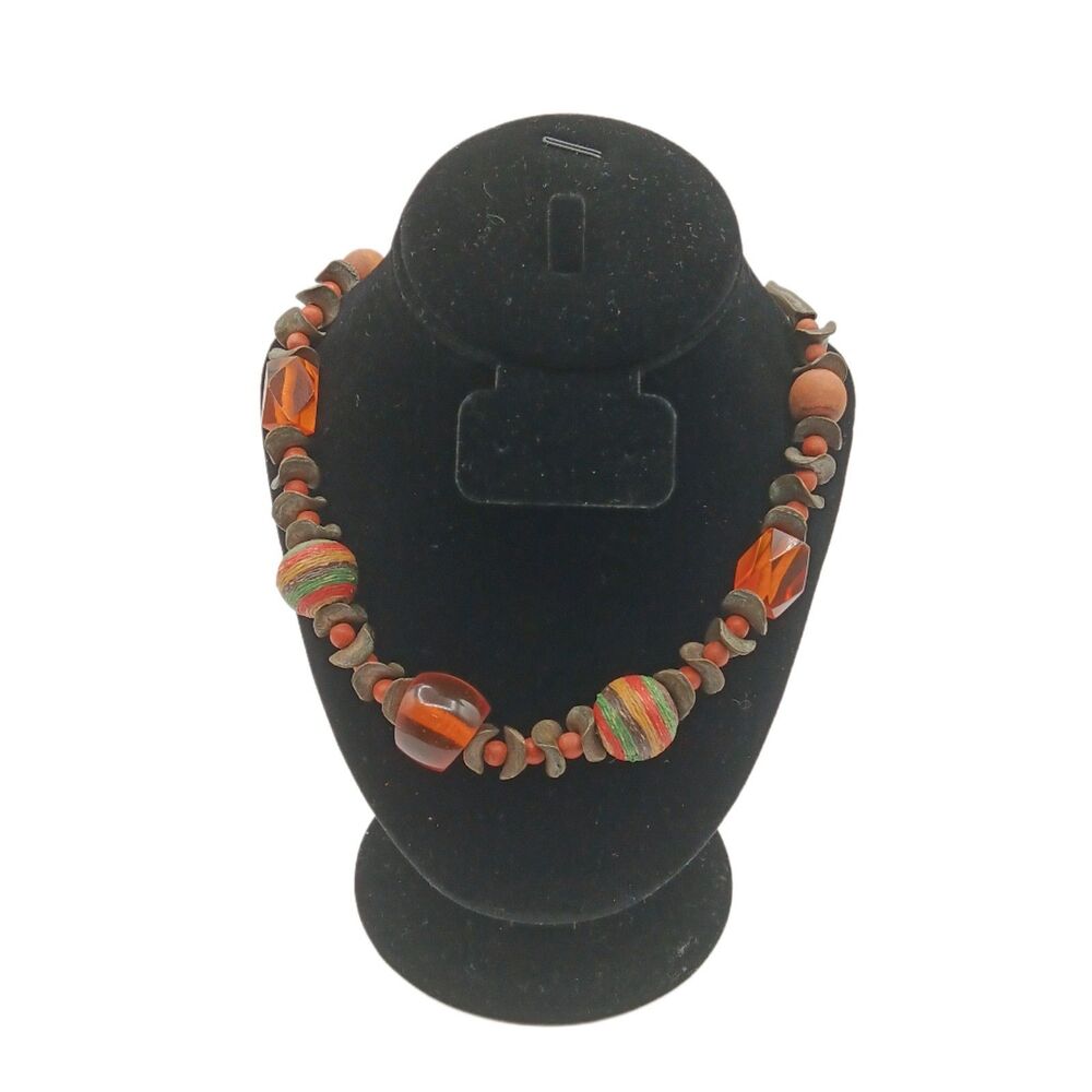 Chico’s Chunky Beaded Necklace Vtg Mixed Brass Tone Orange Striped Boho Chic